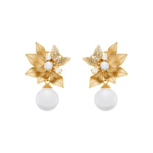 Brinco Dourado com Folhas em Zircônia e Pérolas